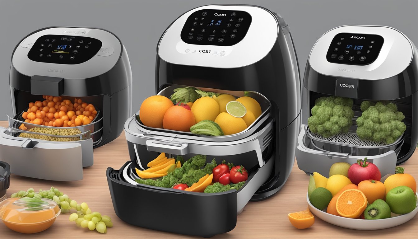 Assorted fruits and vegetables arranged on trays inside a Cosori air fryer, with the machine set to the dehydration function