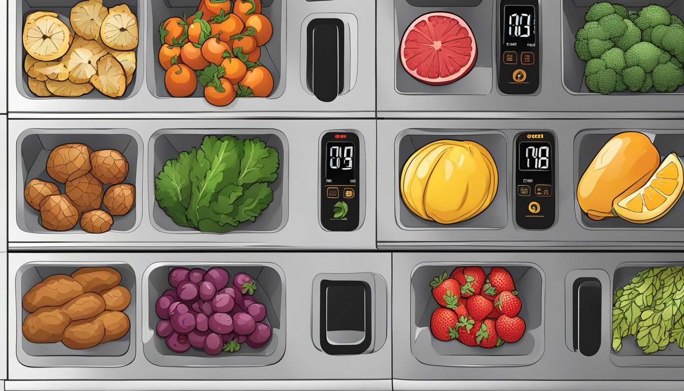 Various fruits, vegetables, and meats arranged on dehydrator trays inside a Cosori air fryer. Temperature and time settings displayed on the control panel