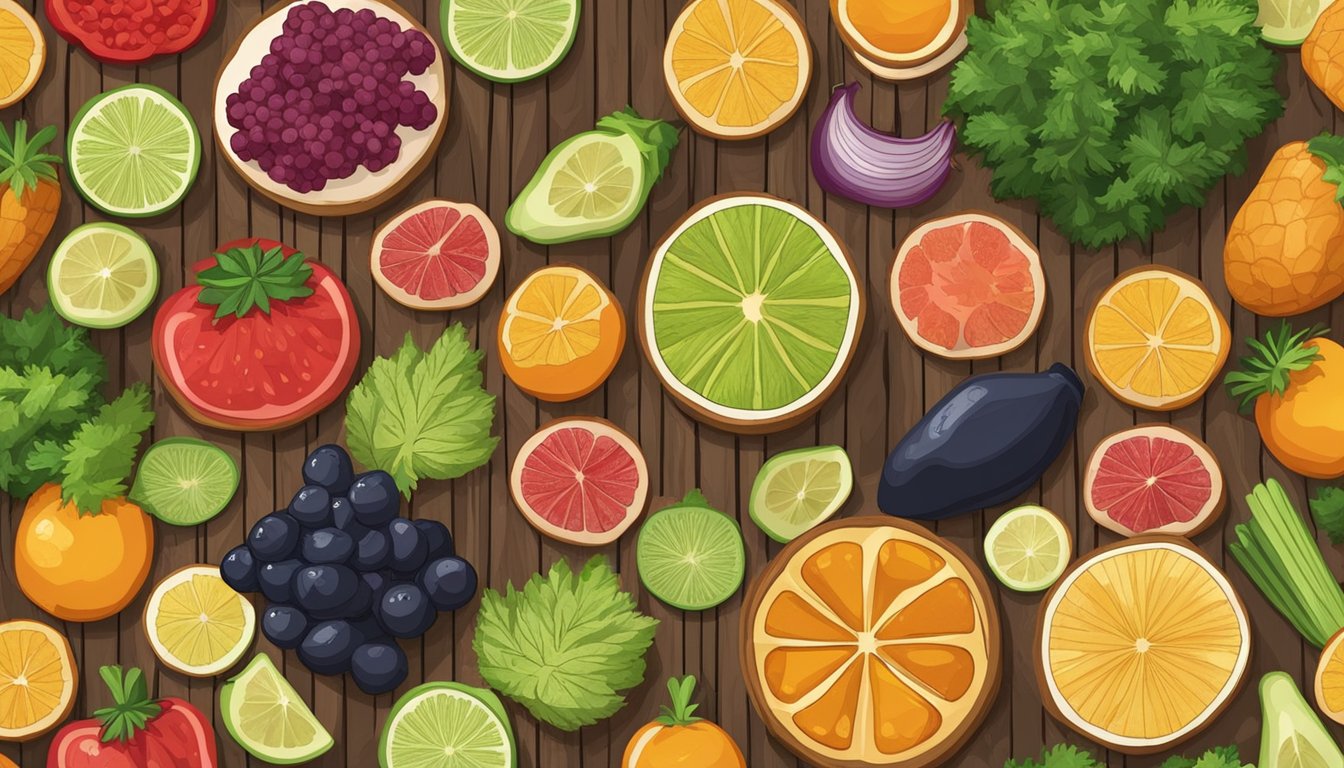 Assorted dehydrated fruits and vegetables arranged in a decorative pattern on a wooden cutting board, with a dehydrator machine in the background