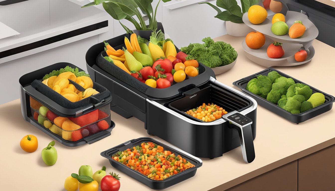 Assorted fruits and vegetables laid out on trays inside a Cosori air fryer, with the machine set to the dehydrate function