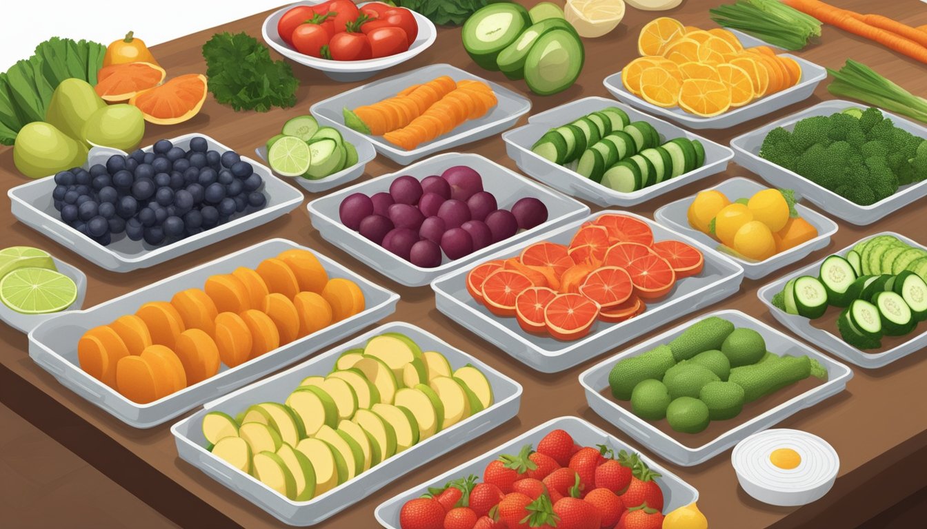 Fresh fruits and vegetables laid out on a cutting board, being sliced into thin pieces and then arranged on the dehydrator trays