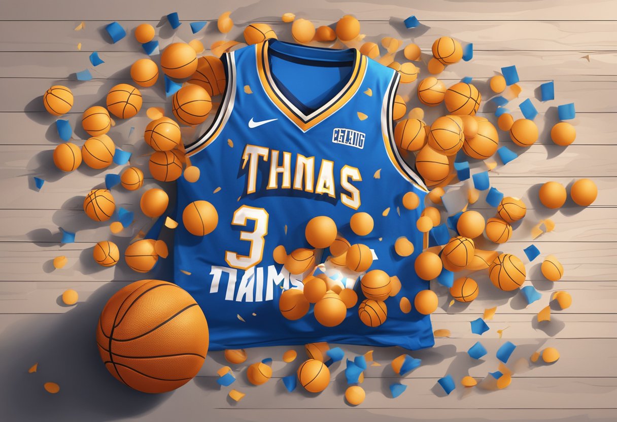 A basketball jersey with the name "Thomas" lies abandoned on the court, surrounded by a scattering of basketballs and the echo of cheering fans