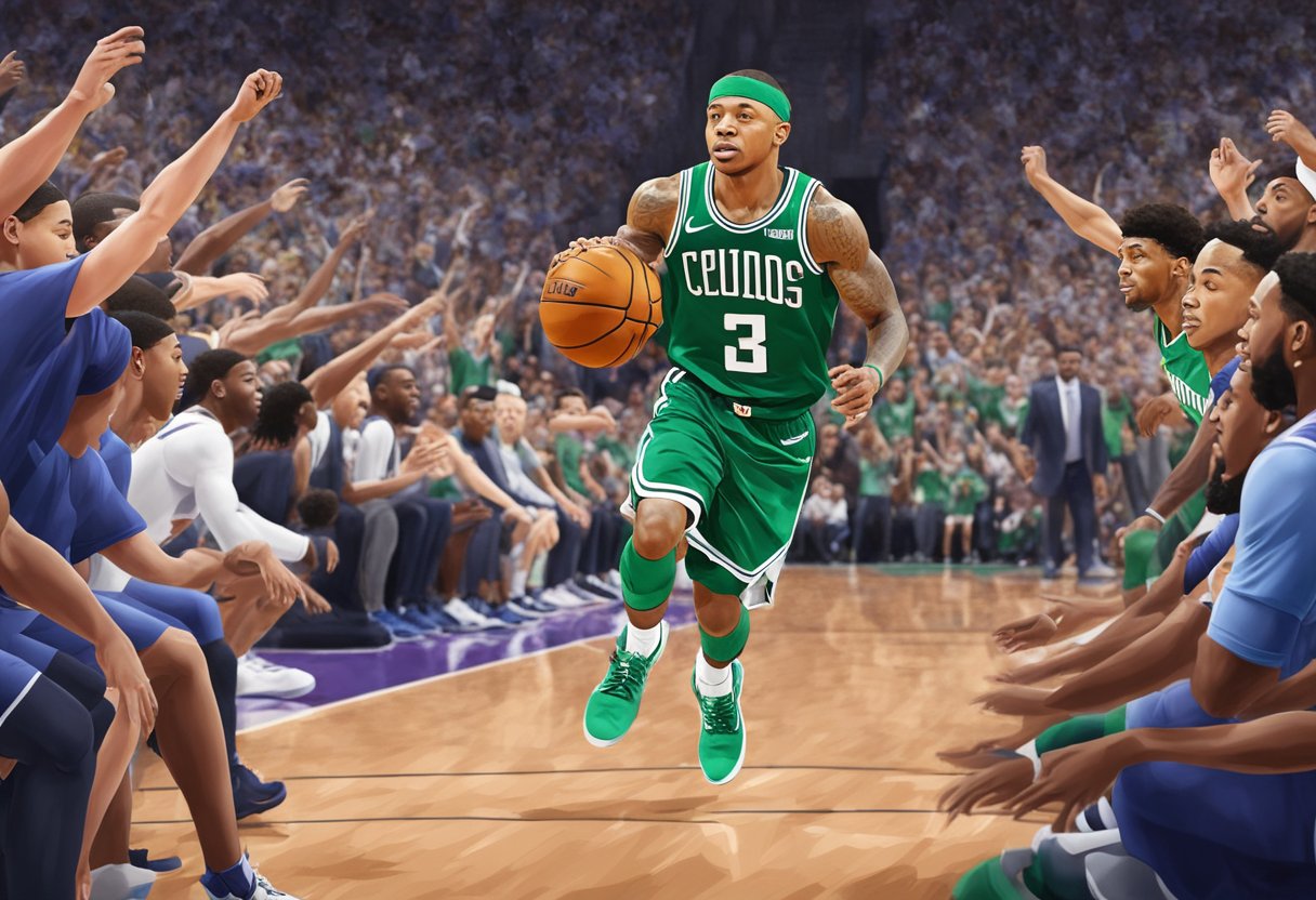 Isaiah Thomas dribbling on a basketball court, surrounded by cheering fans