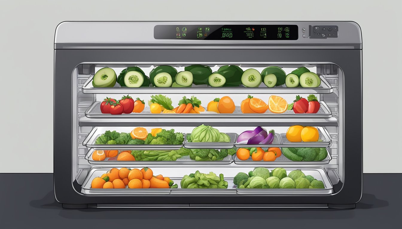 Fresh fruits and vegetables arranged on dehydrator trays inside a Ninja Foodi, with steam escaping from the machine