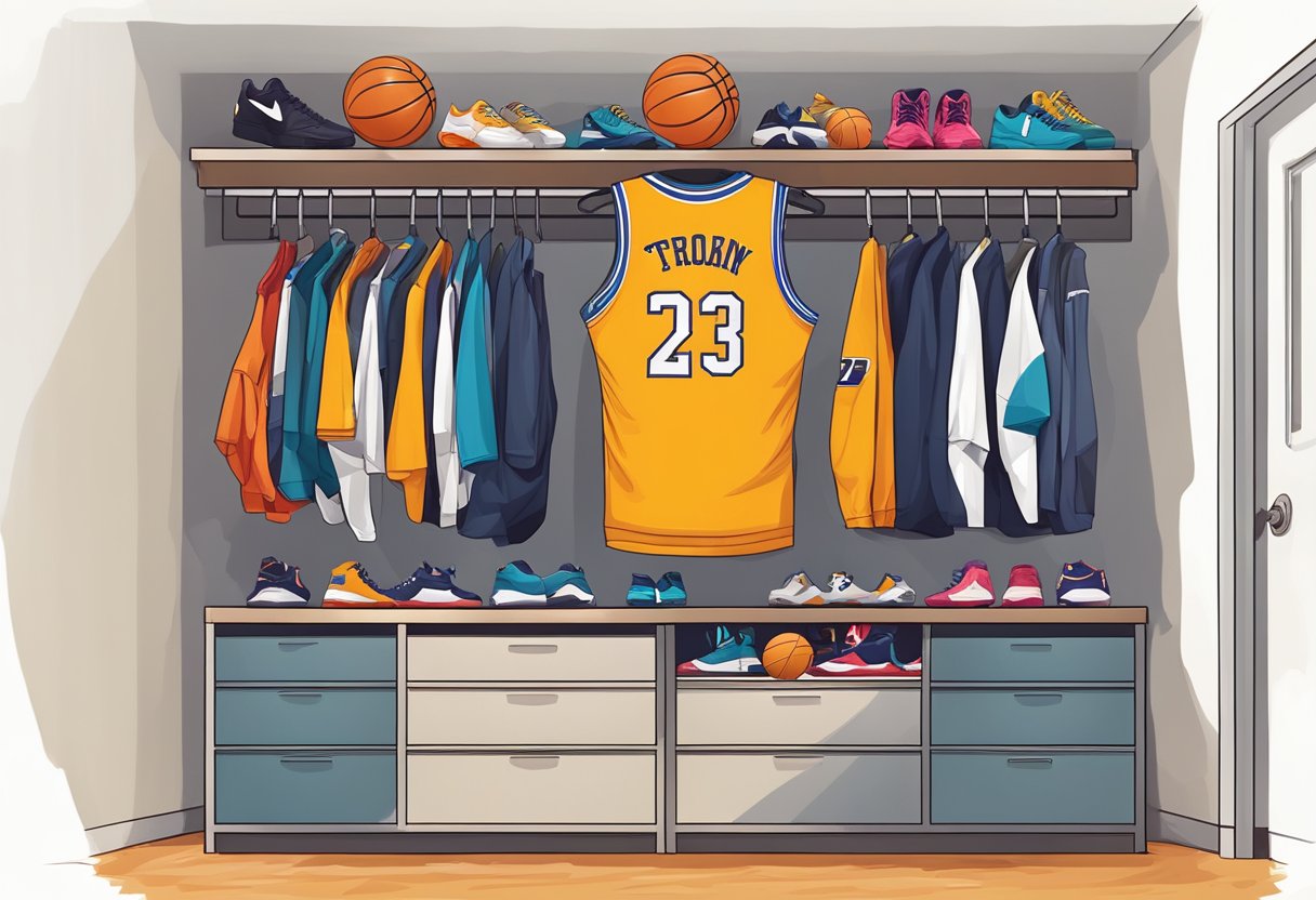 A basketball jersey hangs empty on a locker room hook, surrounded by scattered sneakers and a deflated ball. A lone trophy sits on a shelf