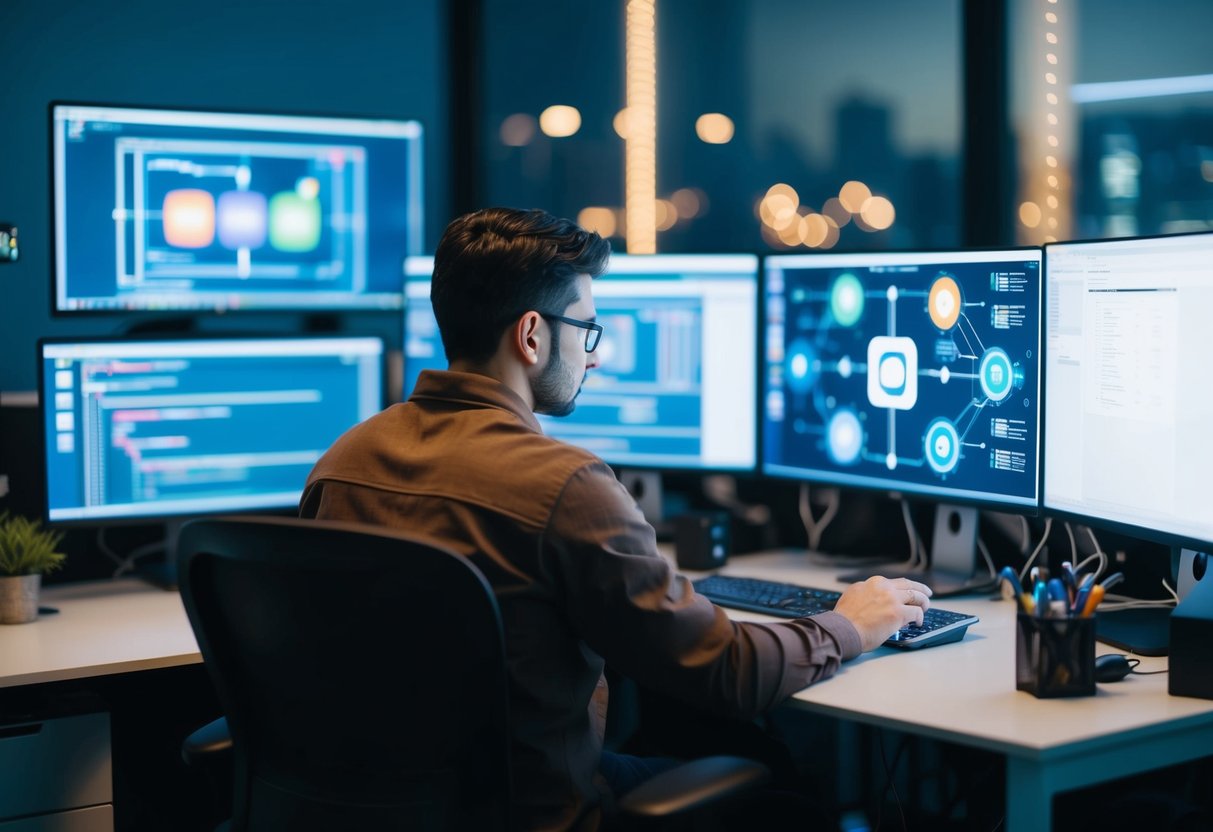 A person working at a desk, surrounded by computer screens and technical equipment, studying and mastering Ionic components for app development
