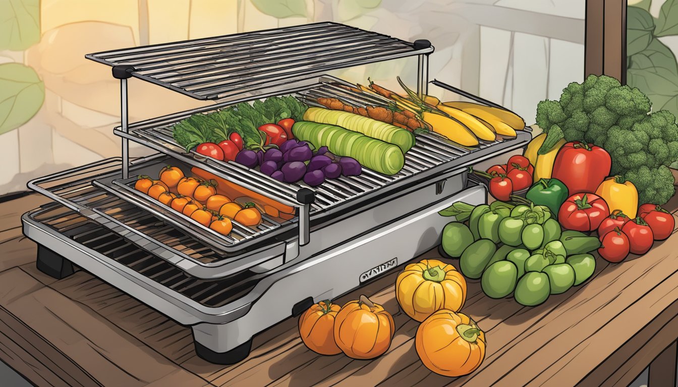 Fresh fruits and vegetables arranged on dehydrator racks inside the Ninja Woodfire Grill, with the grill set to low heat for dehydration