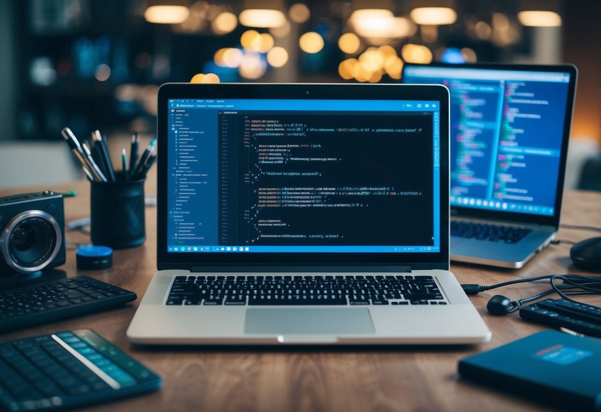 A laptop displaying code for state management in Ionic, surrounded by developer tools and resources