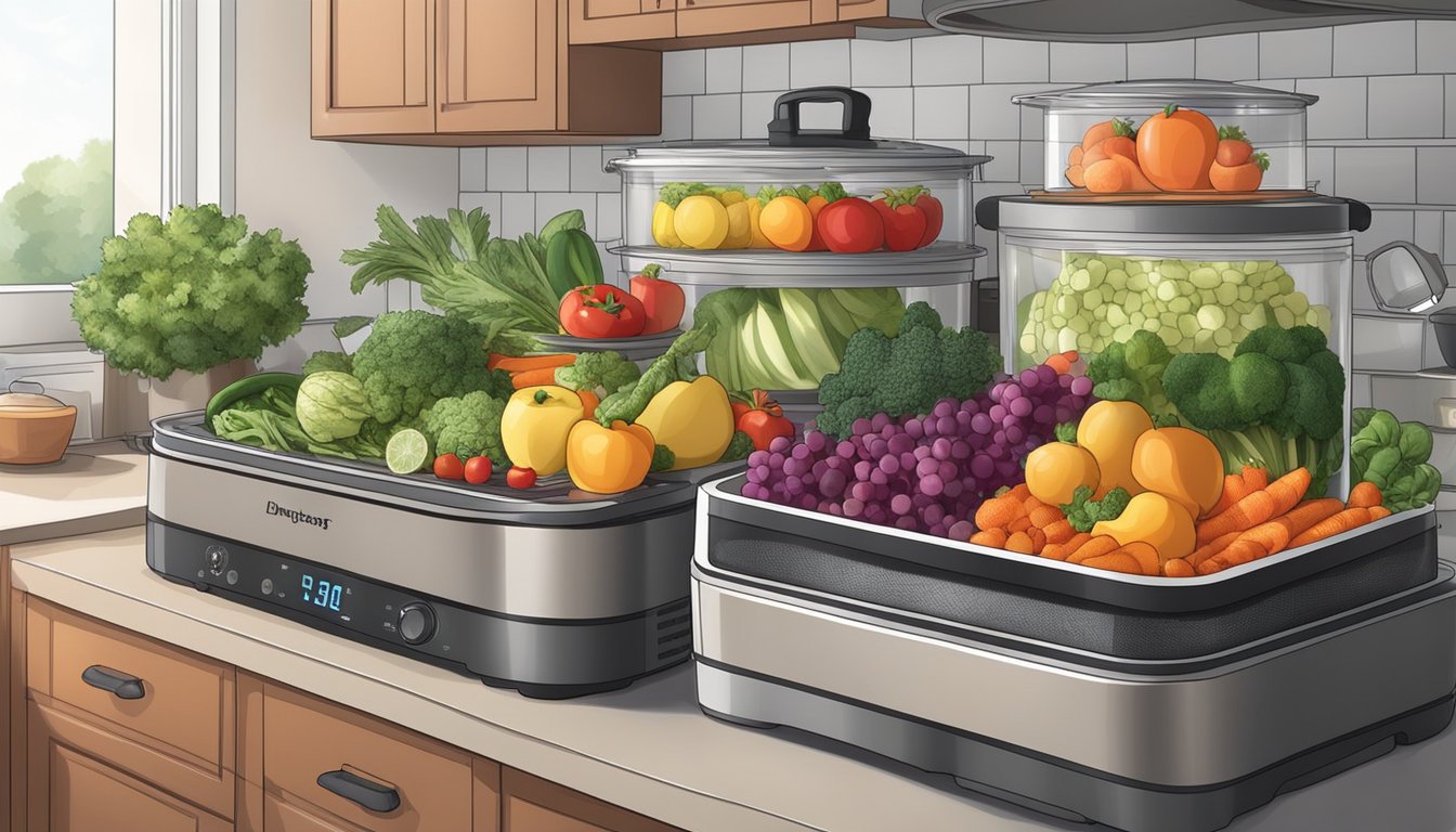 Various fruits and vegetables arranged on dehydrator trays. Instant pot set up in a kitchen with steam rising from the pot