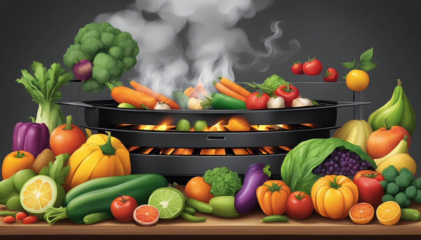 Fresh fruits and vegetables arranged on the ninja woodfire grill, with smoke rising and flames licking the edges