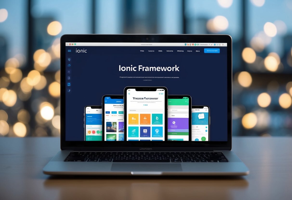 A laptop displaying the Ionic framework website with various app themes and styling options on the screen