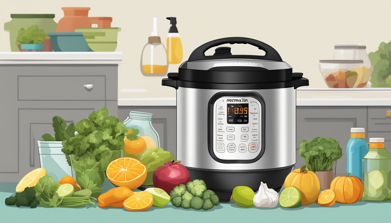 An Instant Pot surrounded by cleaning supplies and dehydrated fruits and vegetables