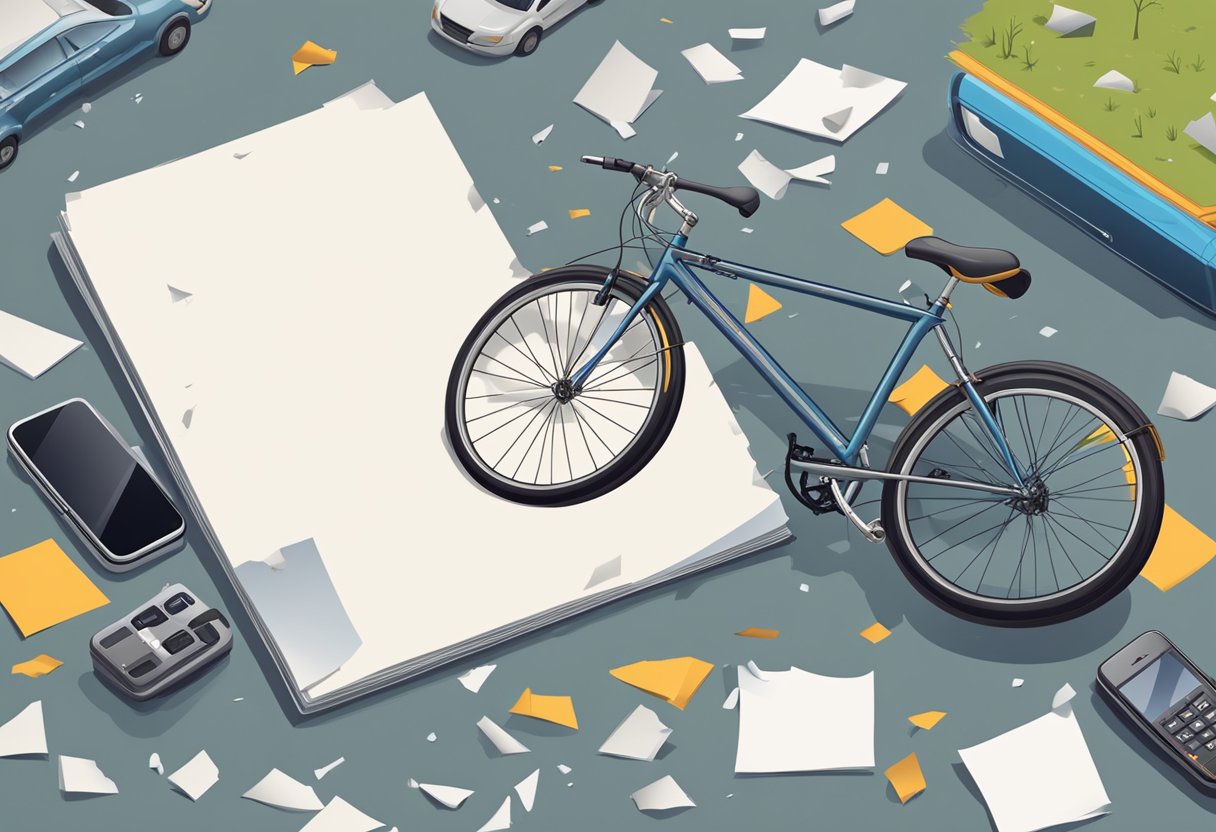 A broken bicycle lying on the ground next to a busy intersection, surrounded by scattered papers and a shattered cell phone