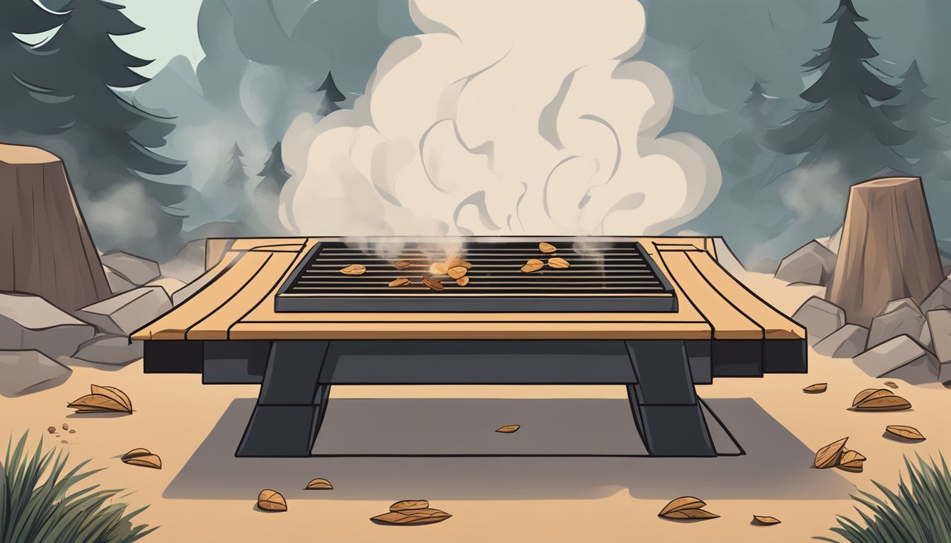 A ninja woodfire grill surrounded by wood chips, with smoke rising and food placed on the grates for dehydration