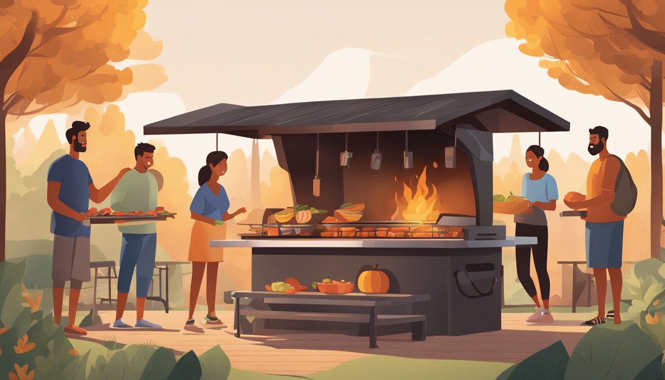 A small family gathers around a Ninja Woodfire Grill, dehydrating fruits and vegetables in the outdoor setting. The grill emits a warm glow as the food slowly dries, creating a cozy and practical scene