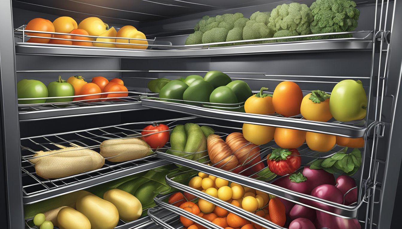 Assorted fruits and vegetables spread out on wire racks inside a warm oven, with the door slightly ajar to allow for air circulation