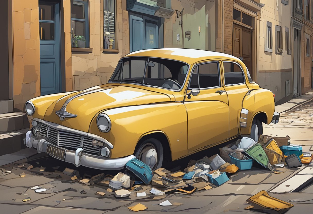 A deserted car in a dimly lit alley, with a broken window and scattered belongings