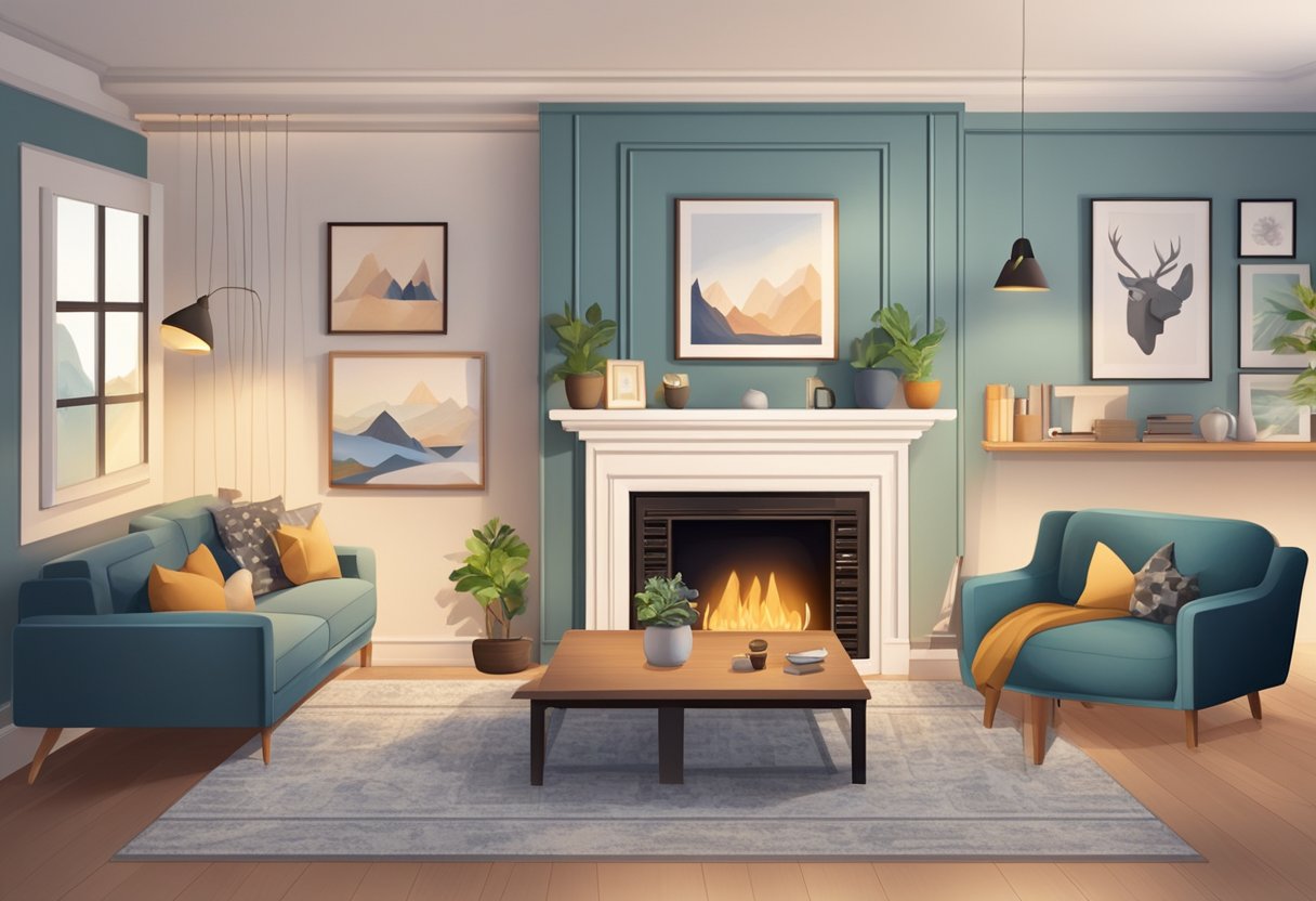 A cozy living room with family photos on the wall, a warm fireplace, and a comfortable sofa