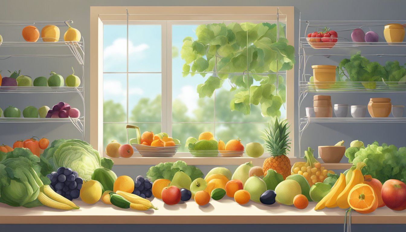 Assorted fruits and vegetables laid out on a wire rack in a sunny kitchen, with open windows and a gentle breeze