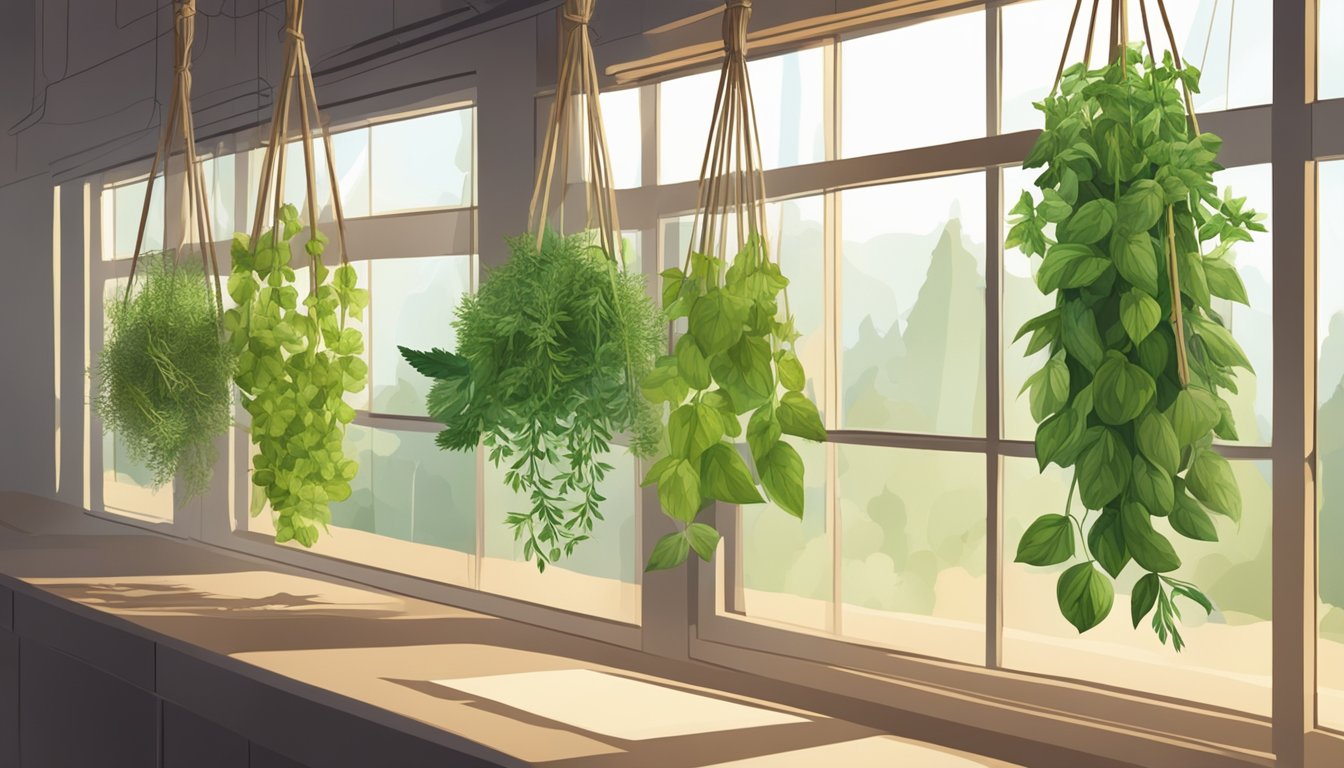 Fresh herbs hanging upside down in a warm, dry room, tied in bundles with twine. A window lets in sunlight, casting shadows on the herbs