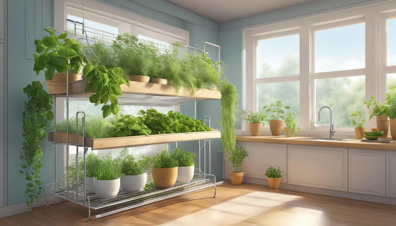 Fresh herbs laid out on a mesh drying rack in a sunny kitchen, with open windows and a gentle breeze