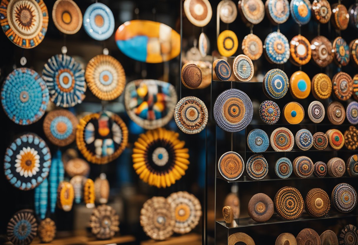 Vibrant Aboriginal art souvenirs displayed in a Sydney shop window