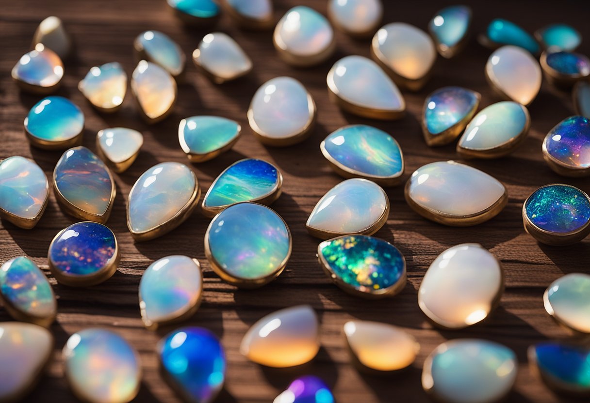 A collection of opal souvenirs from Sydney displayed on a wooden table with a backdrop of the Sydney Opera House and Harbour Bridge