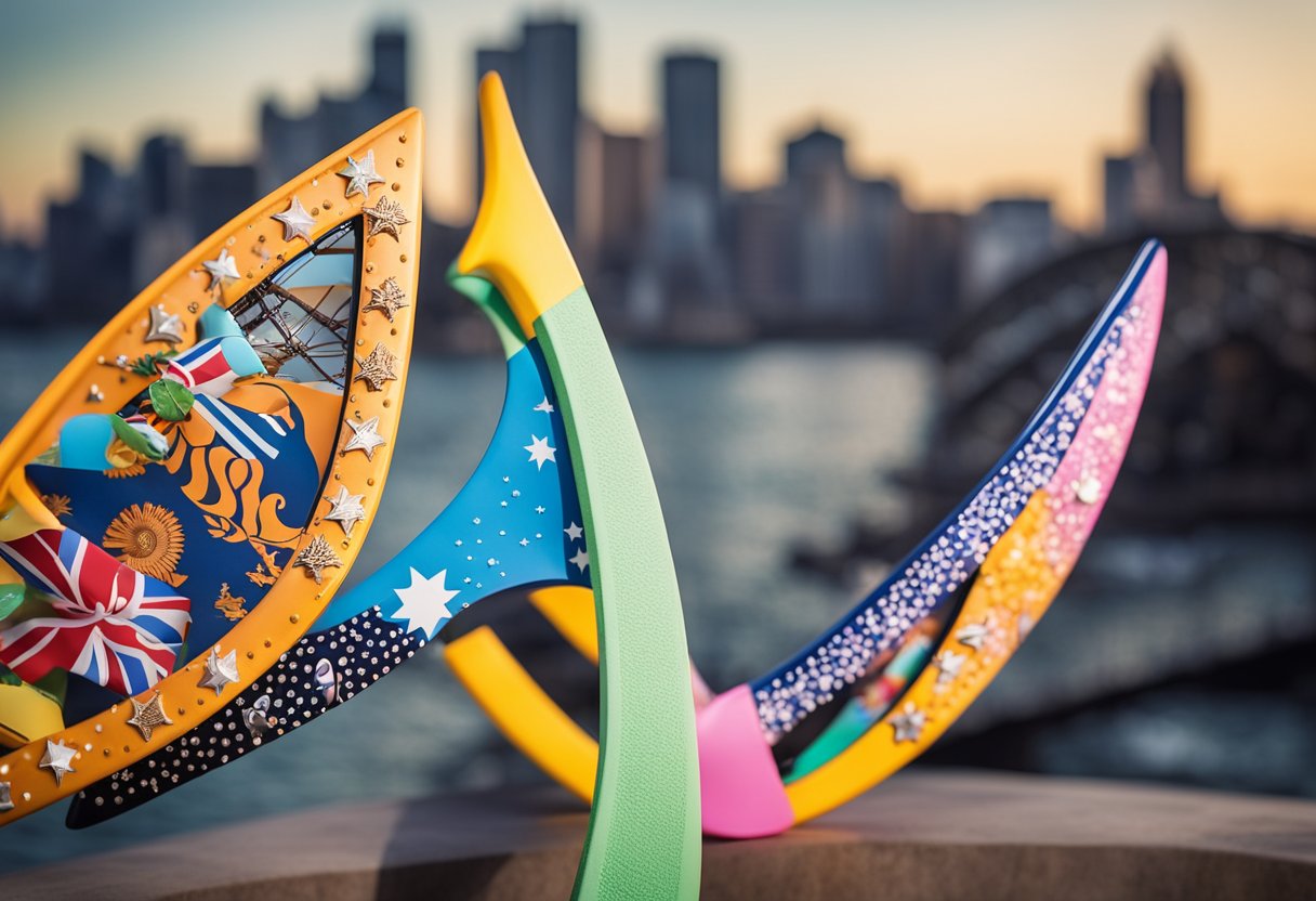 A colorful display of Australian boomerang souvenirs against a backdrop of iconic Sydney landmarks