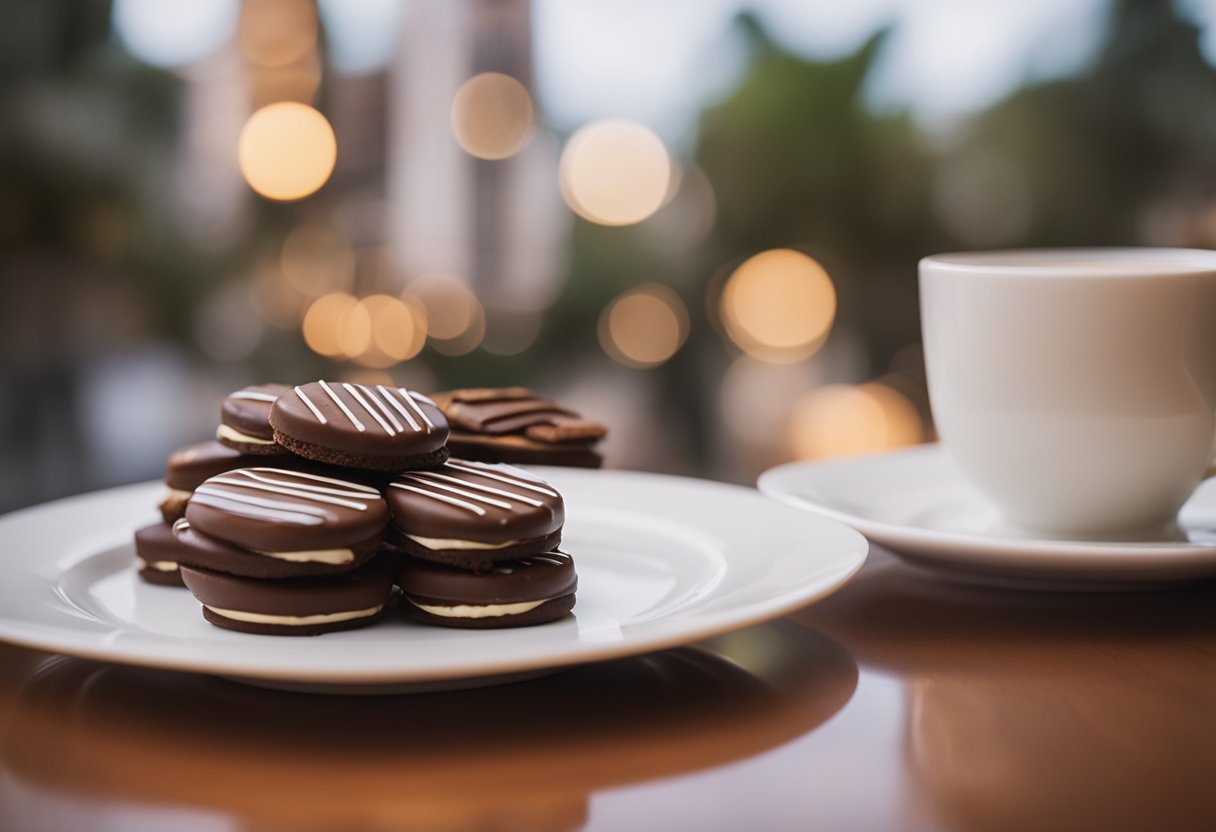 A table with a plate of Tim Tam Chocolate Biscuits and a Sydney souvenir in the background