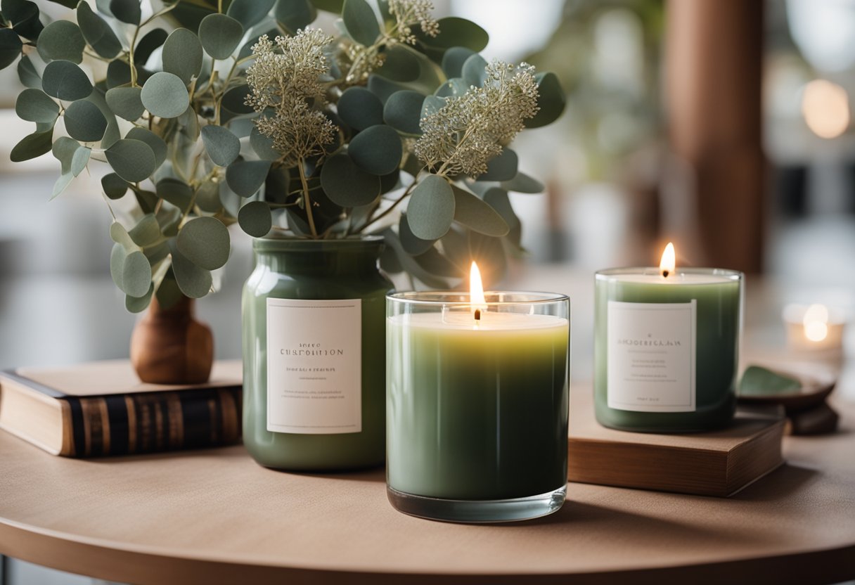 A table adorned with Eucalyptus Scented Candle souvenirs from Sydney, surrounded by native Australian flora