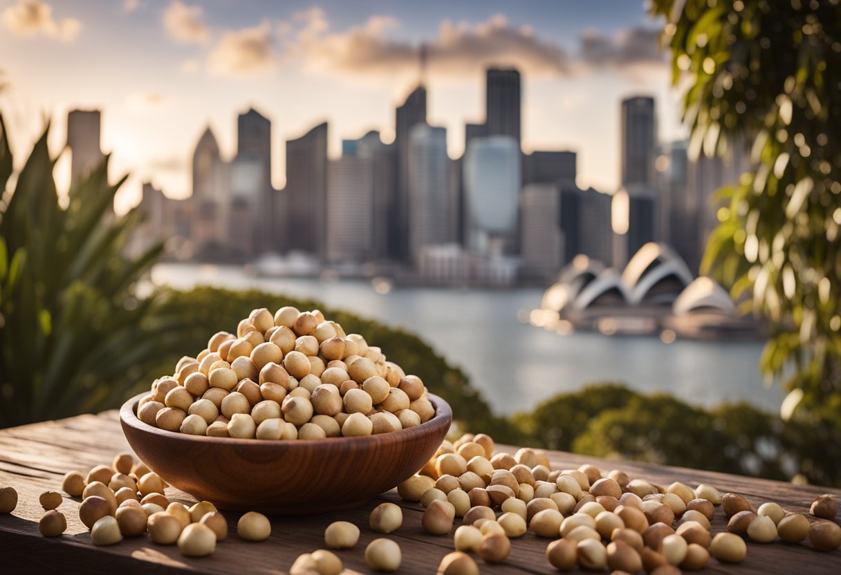 A pile of macadamia nuts in a wooden bowl with a Sydney skyline backdrop