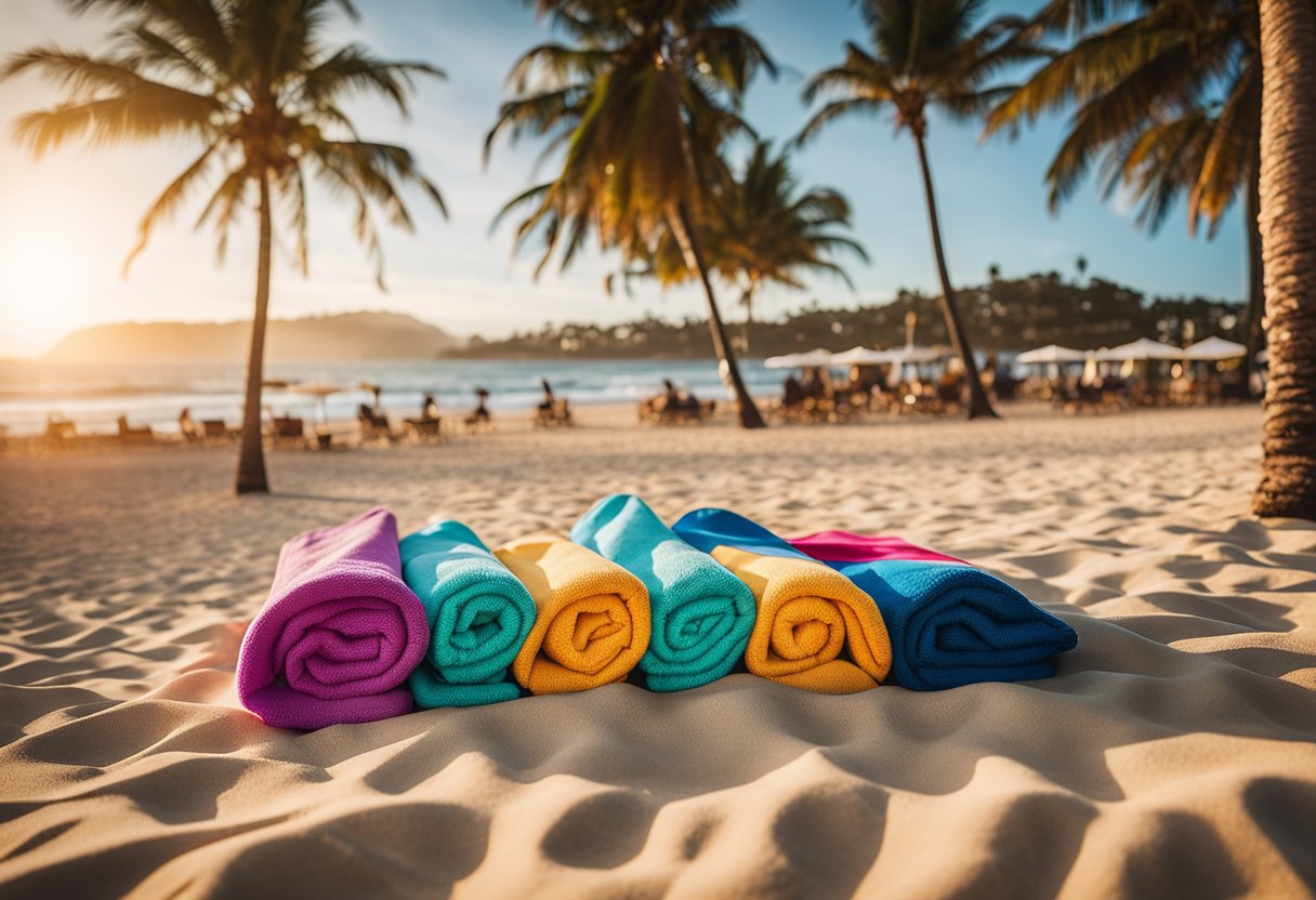 Colorful Bondi Beach towels displayed on a sandy shore with crashing waves and palm trees in the background