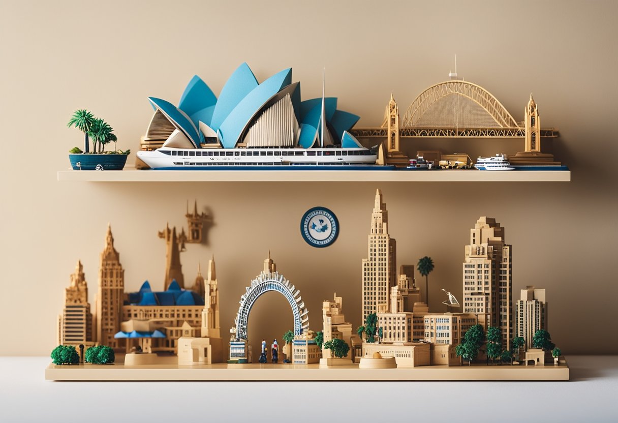 A collection of iconic Sydney souvenirs displayed on a shelf, including miniature Sydney Opera House, kangaroo plush toys, and boomerangs