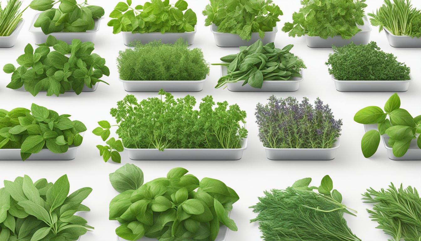 Fresh herbs laid out on dehydrator trays, with stems removed and leaves spread out evenly