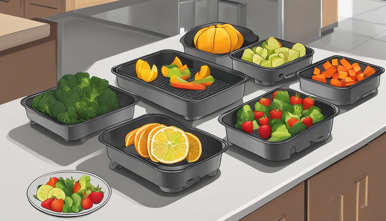 Slices of fruit and vegetables arranged on air fryer trays, with the air fryer set to a low temperature for dehydration