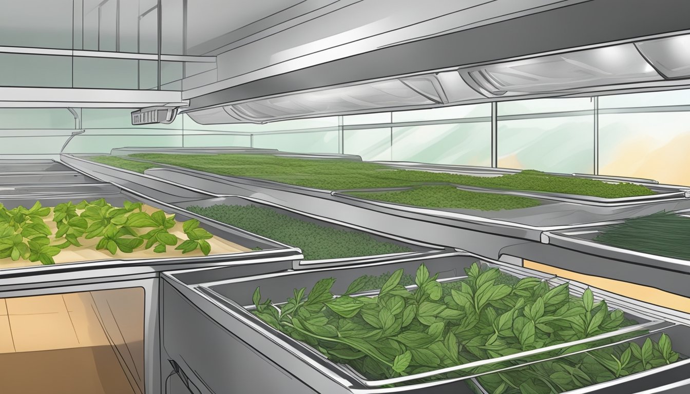 Fresh herbs laid out on dehydrator trays, warm air circulating around them, as the machine slowly dries them out