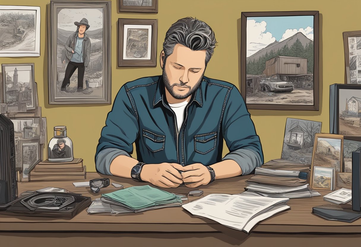 A somber figure sits in front of a camera, surrounded by photos and mementos, sharing the story of Blake Shelton's brother on a reality TV show