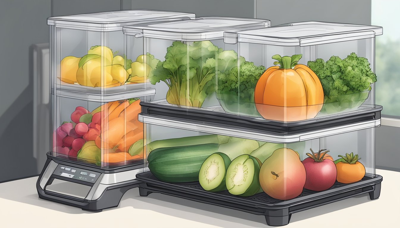 Fresh fruits and vegetables arranged on dehydrating racks inside the Ninja Foodi, with the lid closed and the machine set to the dehydrate function