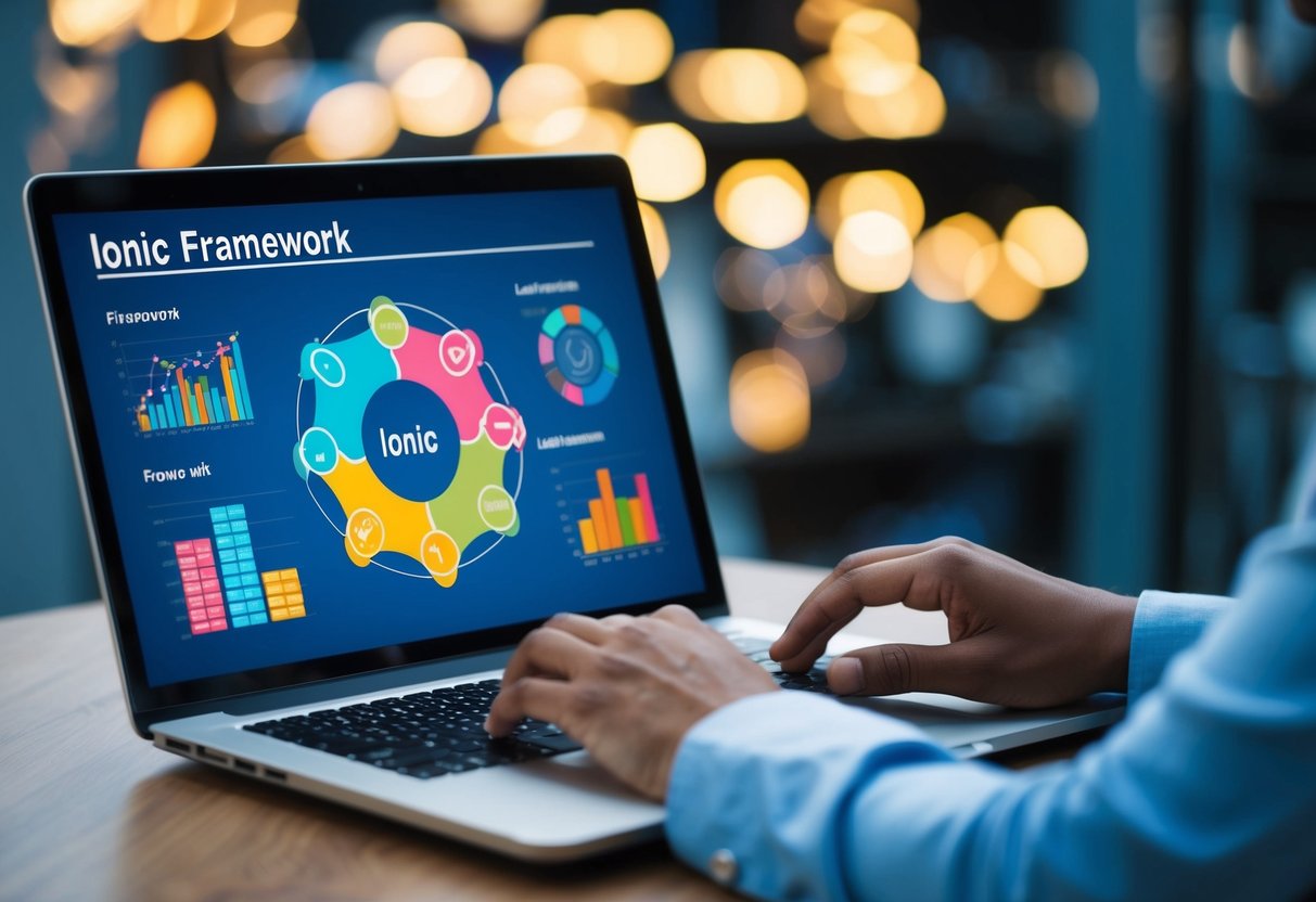 A person using a laptop to learn about Ionic framework with data displayed on the screen