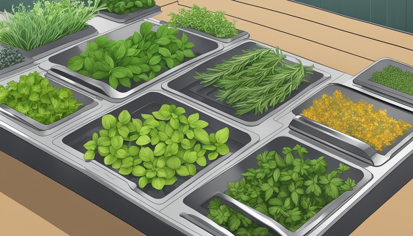 Fresh herbs laid out on dehydrator trays, with the machine's temperature and timer settings clearly visible