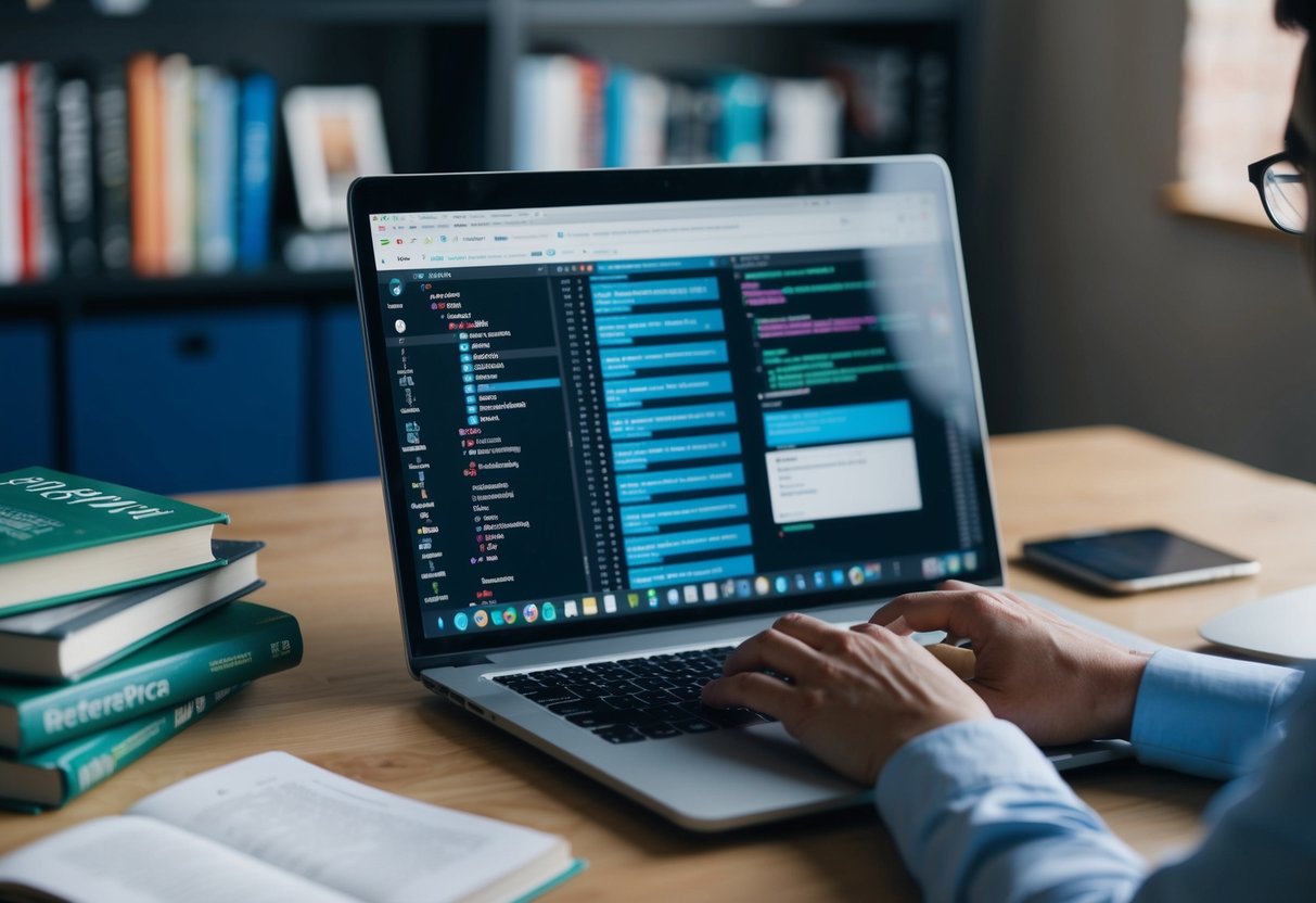 A person using a laptop to code an Ionic app, surrounded by reference books and online tutorials