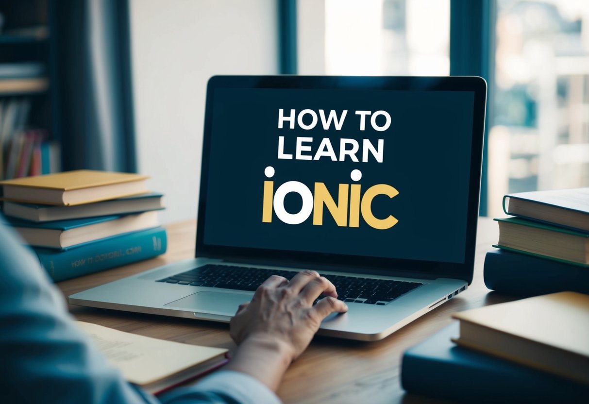 A person at a desk surrounded by books and a laptop, searching for "how to learn ionic" on the internet