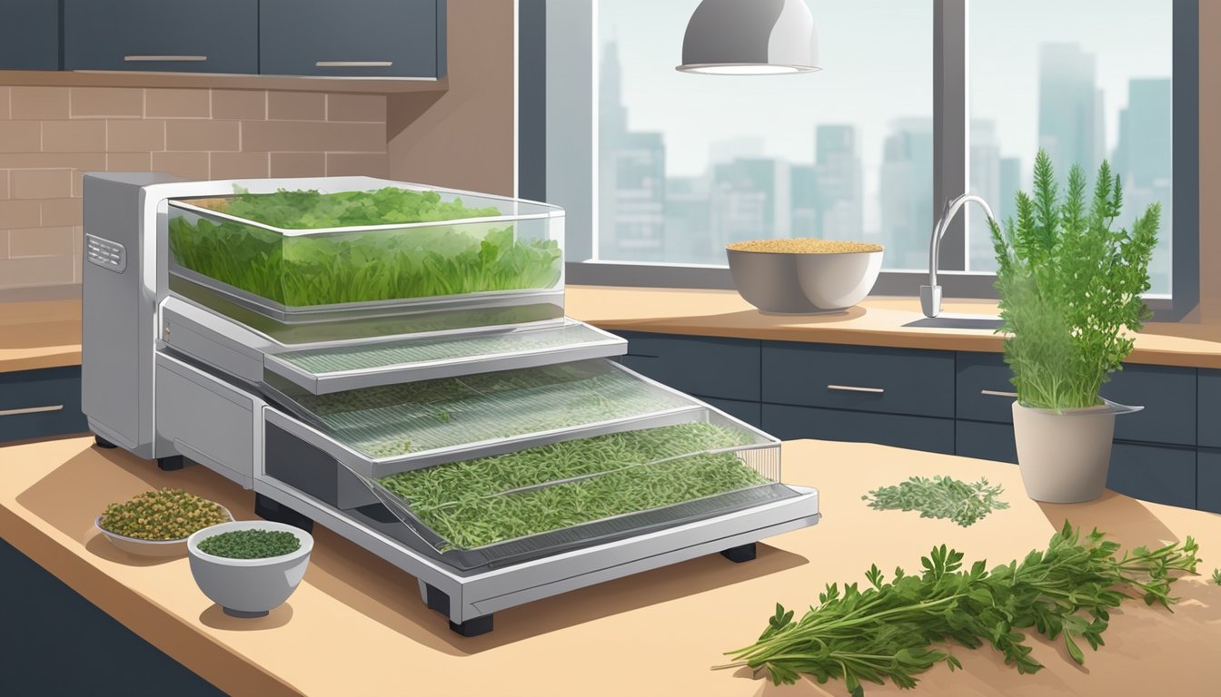 Fresh herbs arranged on dehydrator trays, with the machine turned on and emitting warm air. A small bowl of dried herbs sits nearby