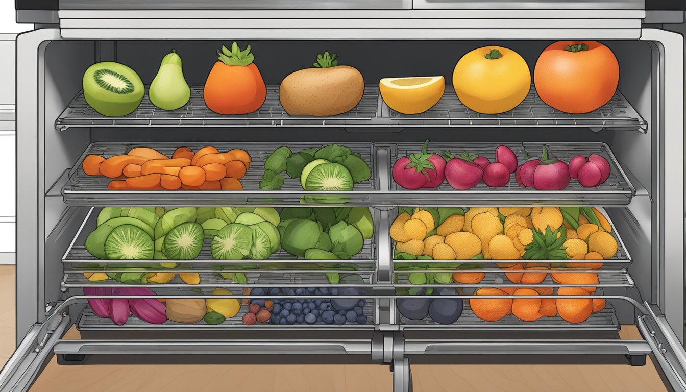 Assorted fruits and vegetables arranged on dehydrator racks inside a Ninja Foodi, with the appliance set to the dehydrate function