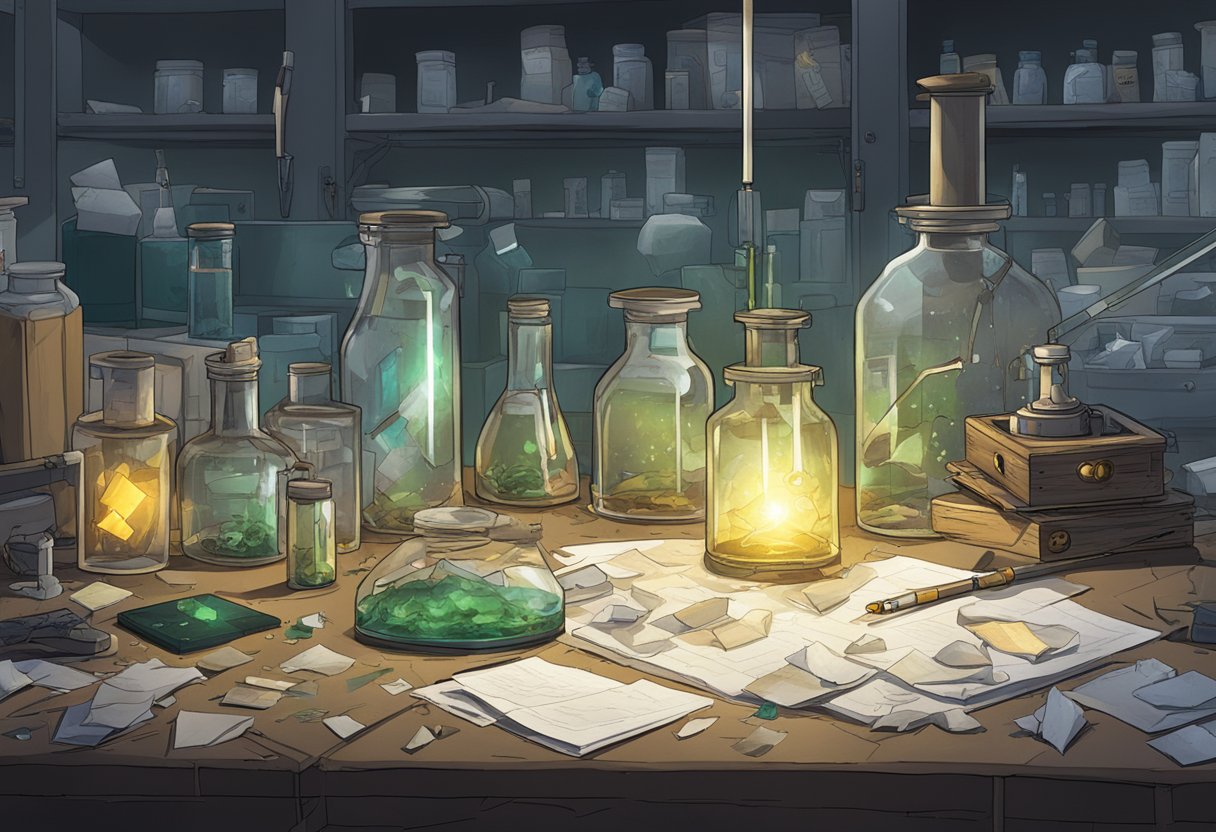 Dr. McDougall's abandoned lab, papers scattered, broken equipment, and a mysterious glowing substance seeping from a shattered vial