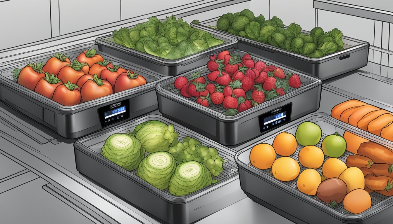 Fresh fruits and vegetables arranged on dehydrator trays inside a Ninja Foodi, with the machine set to the appropriate temperature and time