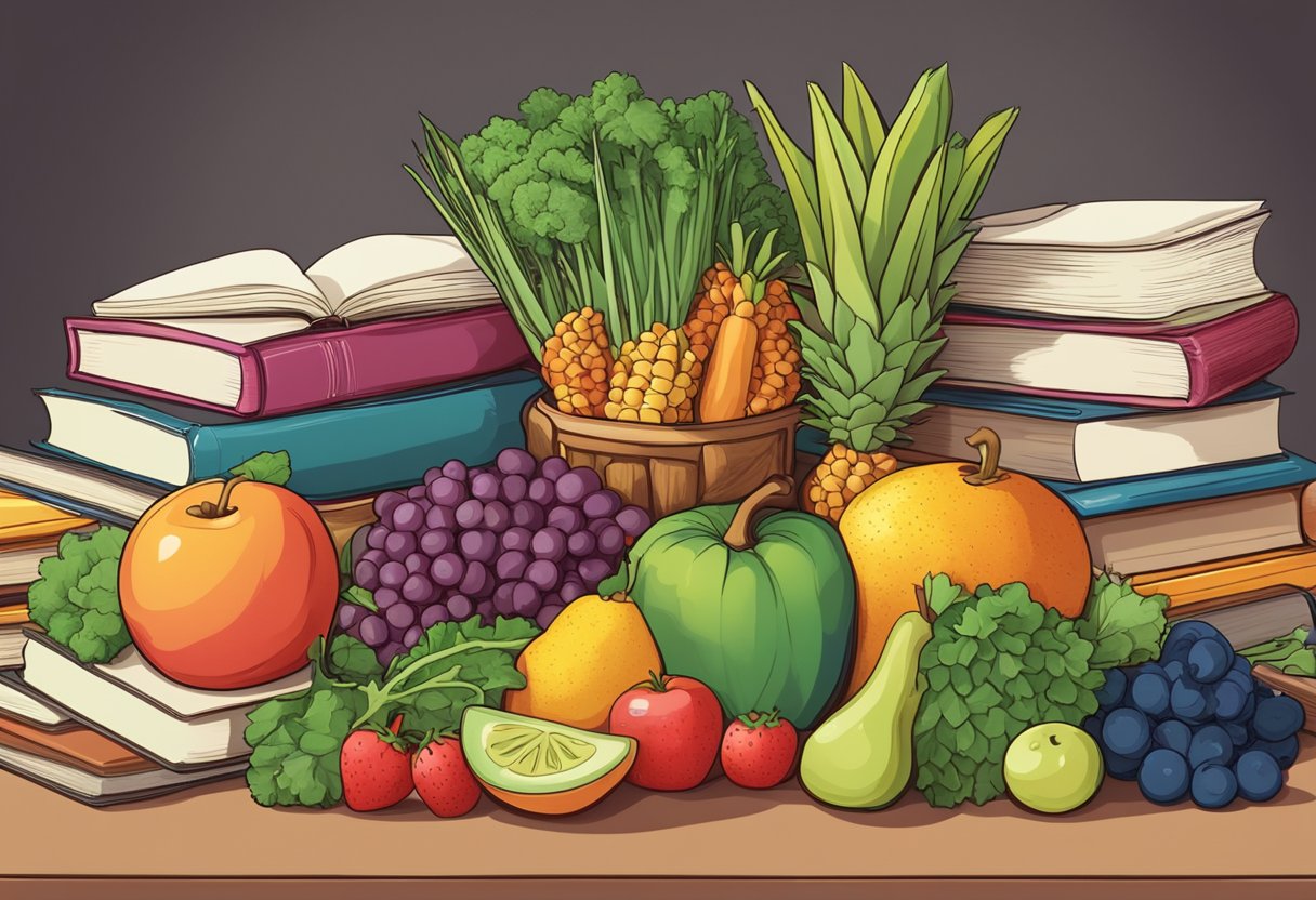 A table filled with colorful fruits, vegetables, and grains, surrounded by books on nutrition and health. An empty chair sits at the head of the table