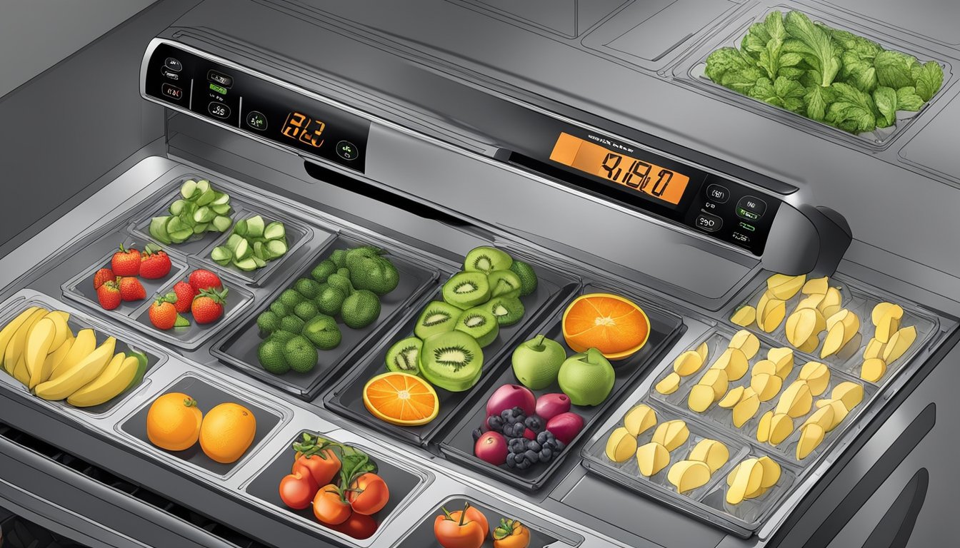 Fresh fruits and vegetables arranged on dehydrator trays inside a Ninja Foodi, with the machine's control panel set to the desired temperature and time