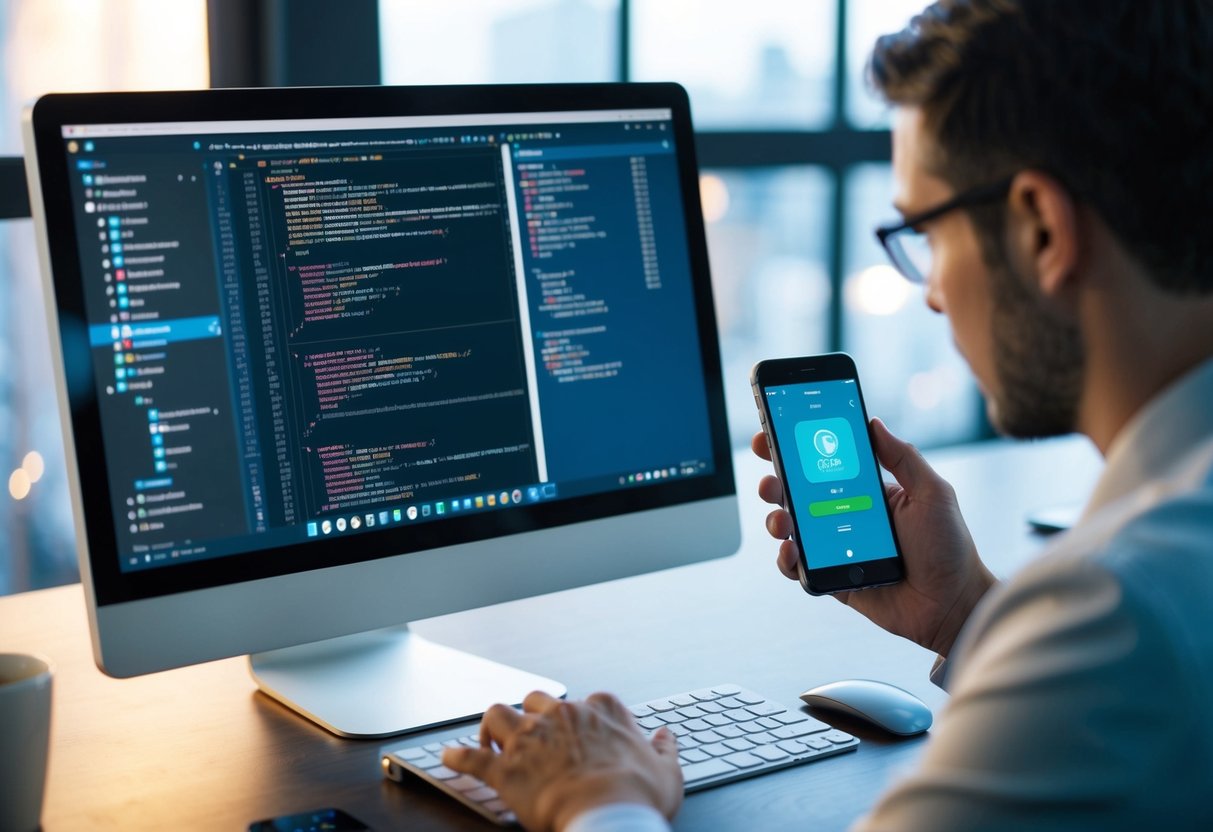 A person using a computer to develop an ionic app, with various code windows open and a mobile device displaying the app interface for testing