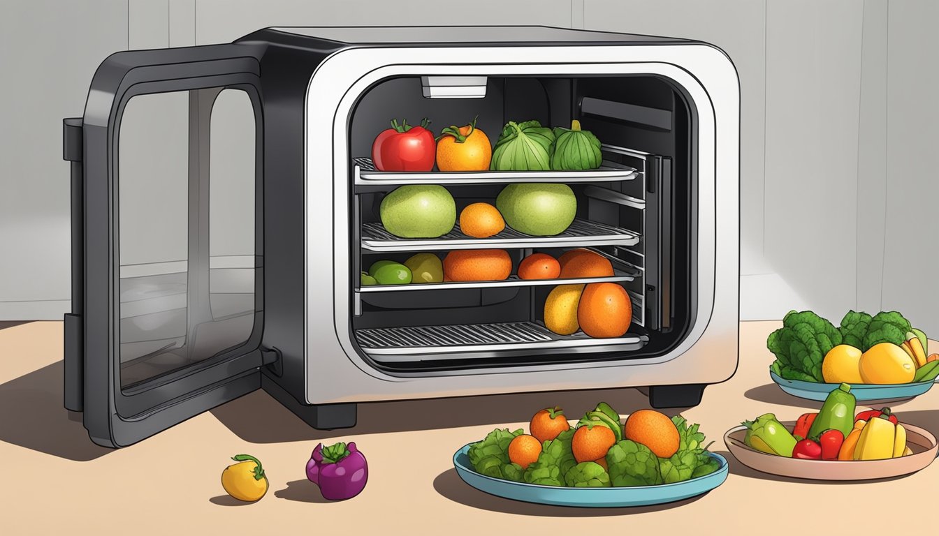 Fresh fruits and vegetables arranged on trays inside an air fryer, with the machine's door closed and the dehydration setting activated